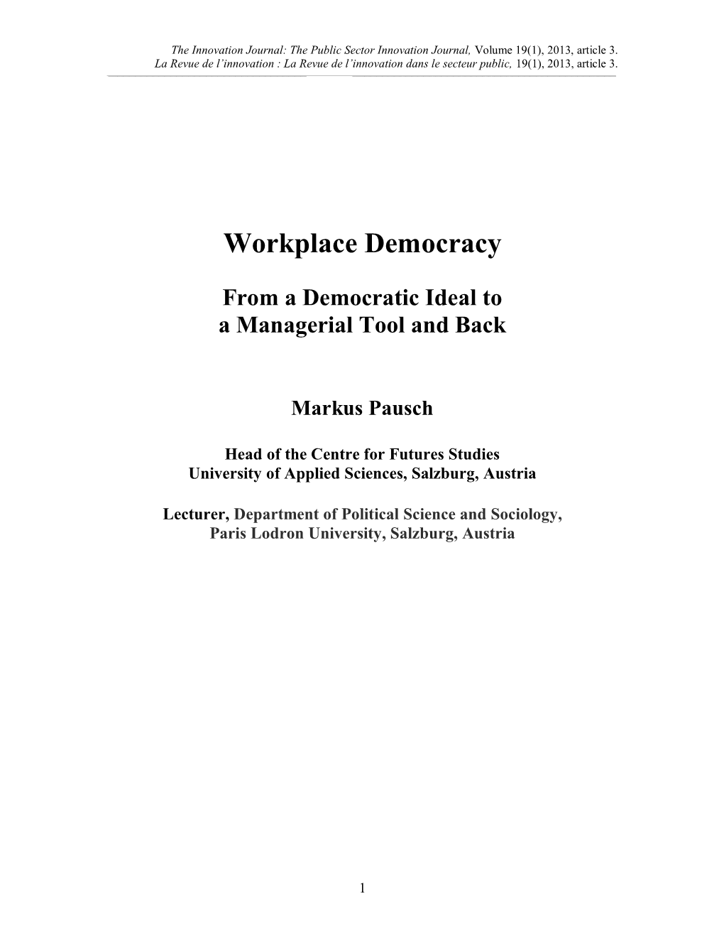 Workplace Democracy: from a Democratic Ideal to a Managerial Tool and Back