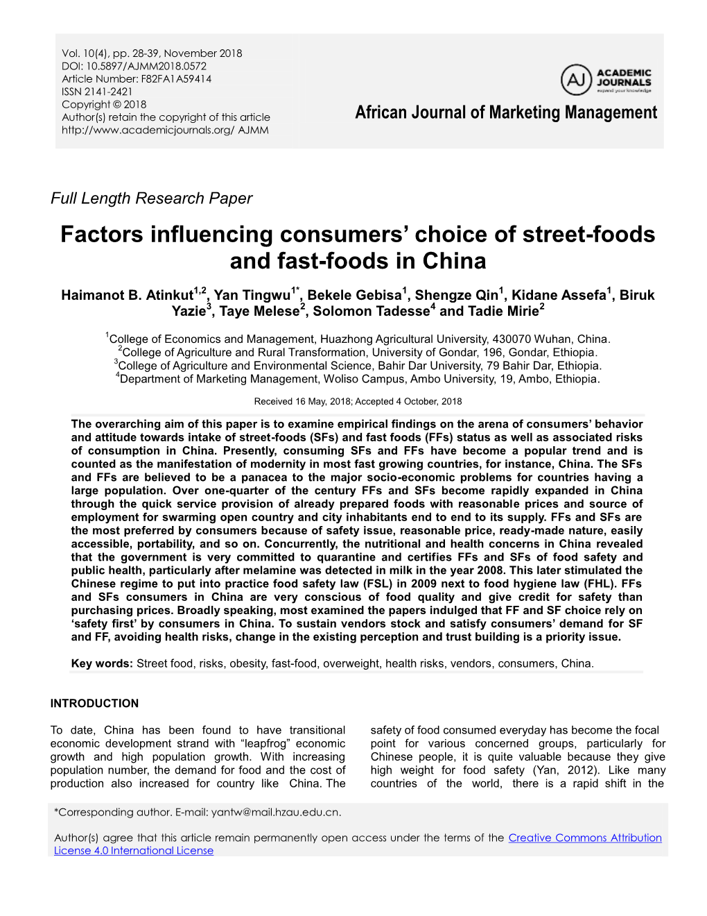 Factors Influencing Consumers' Choice of Street-Foods and Fast-Foods In