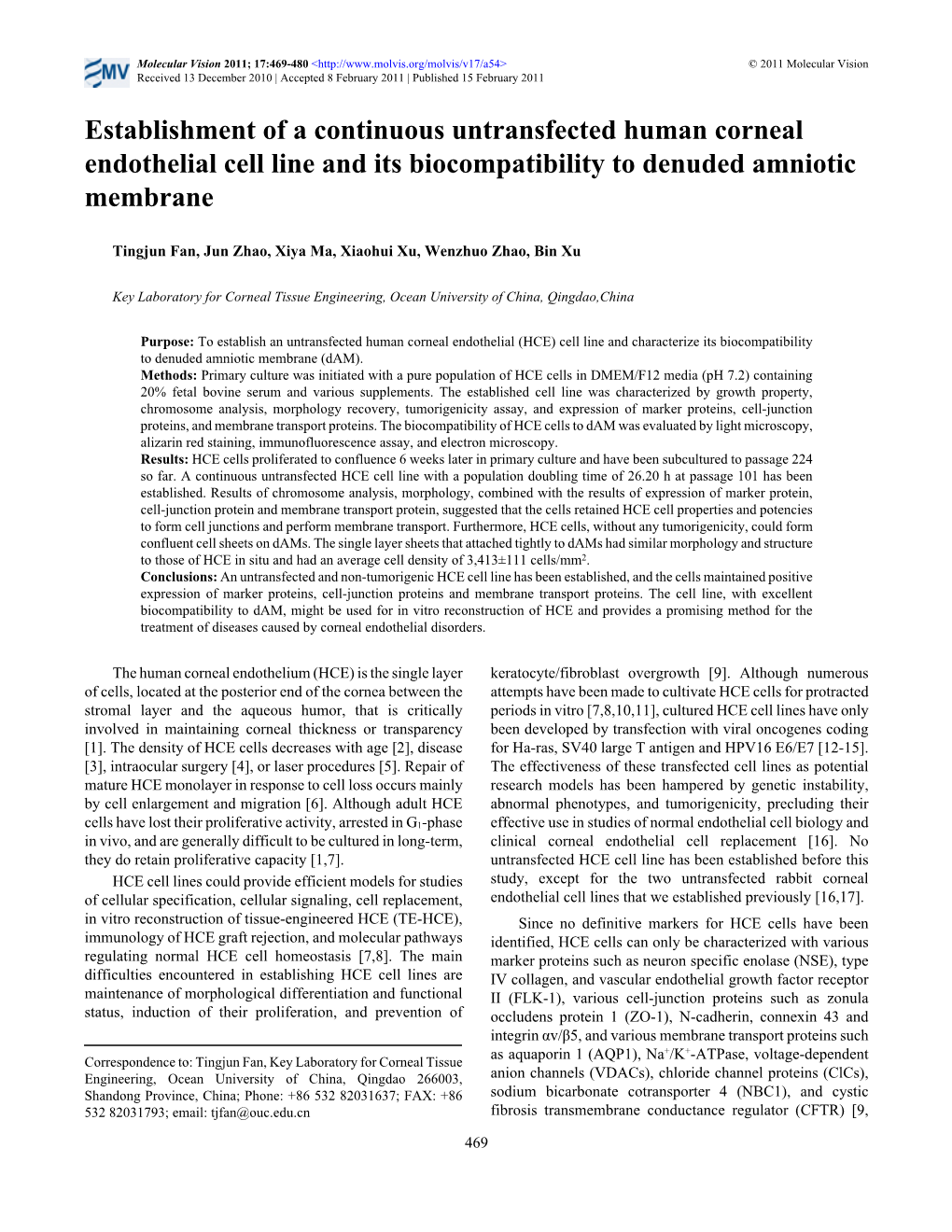 Establishment of a Continuous Untransfected Human Corneal Endothelial Cell Line and Its Biocompatibility to Denuded Amniotic Membrane