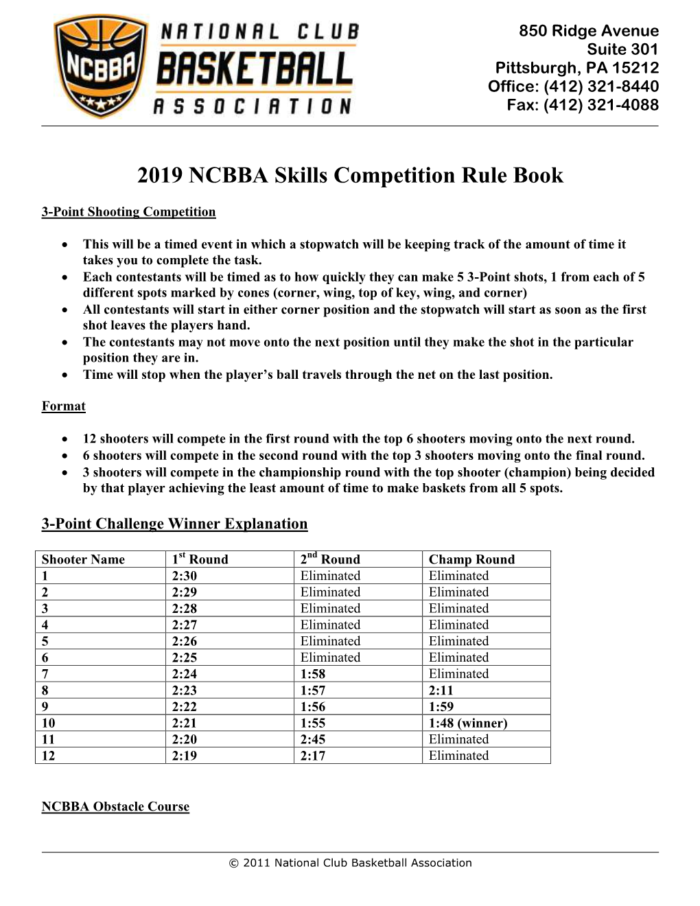 2019 NCBBA Skills Rules