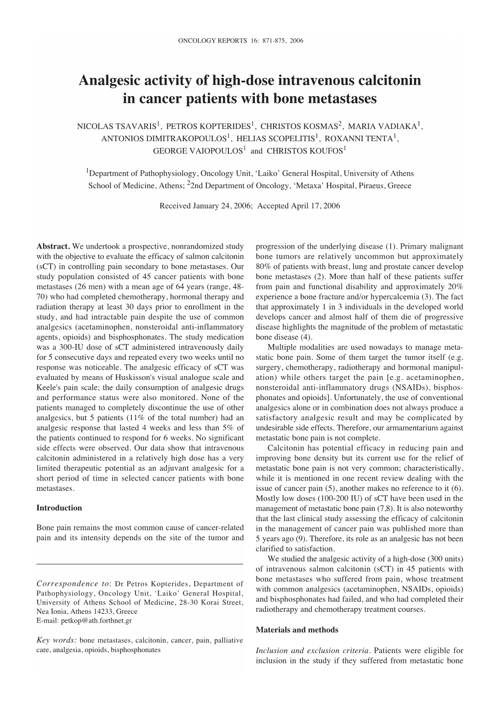 Analgesic Activity of High-Dose Intravenous Calcitonin in Cancer Patients with Bone Metastases