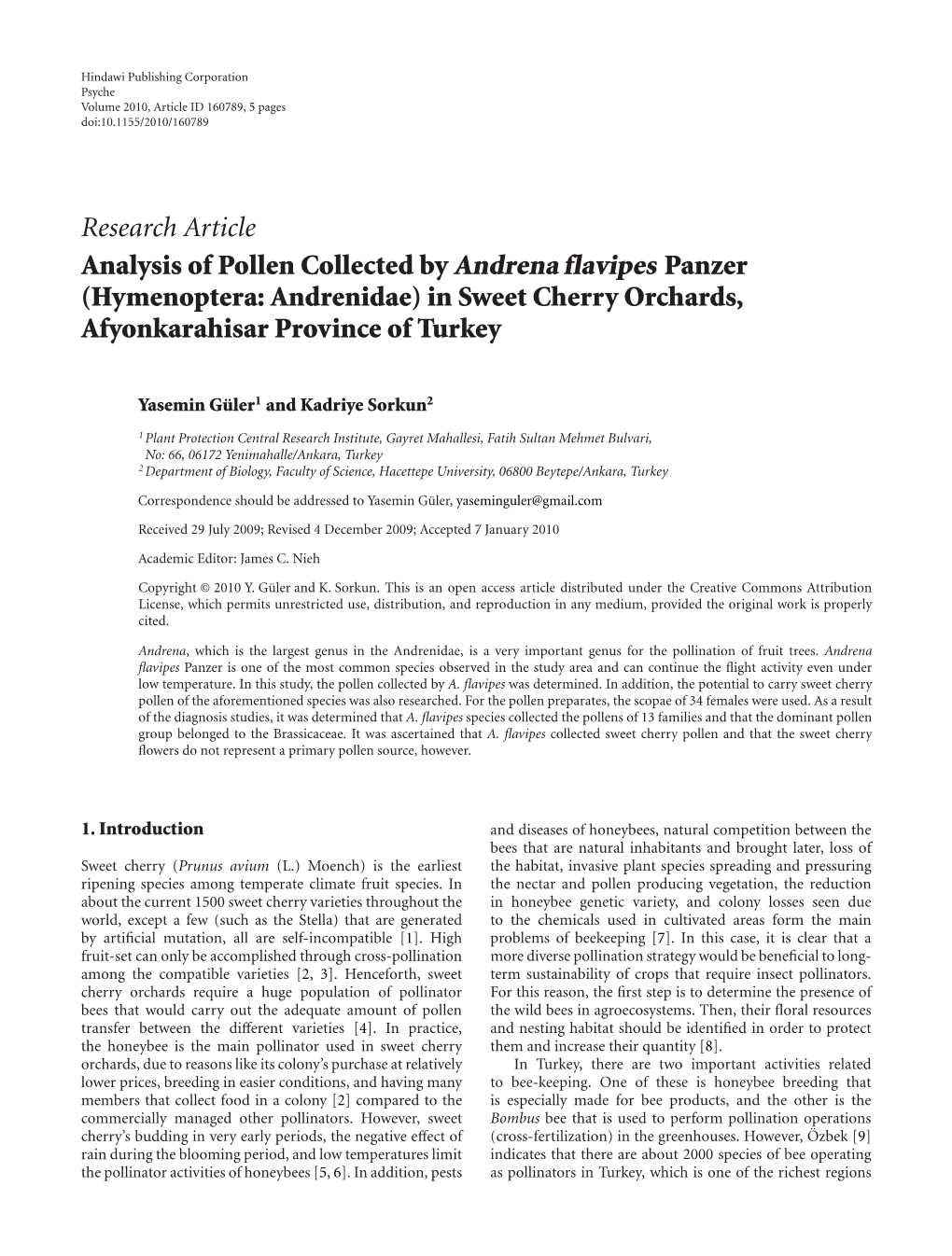 Analysis of Pollen Collected by Andrena Flavipes Panzer (Hymenoptera: Andrenidae) in Sweet Cherry Orchards, Afyonkarahisar Province of Turkey