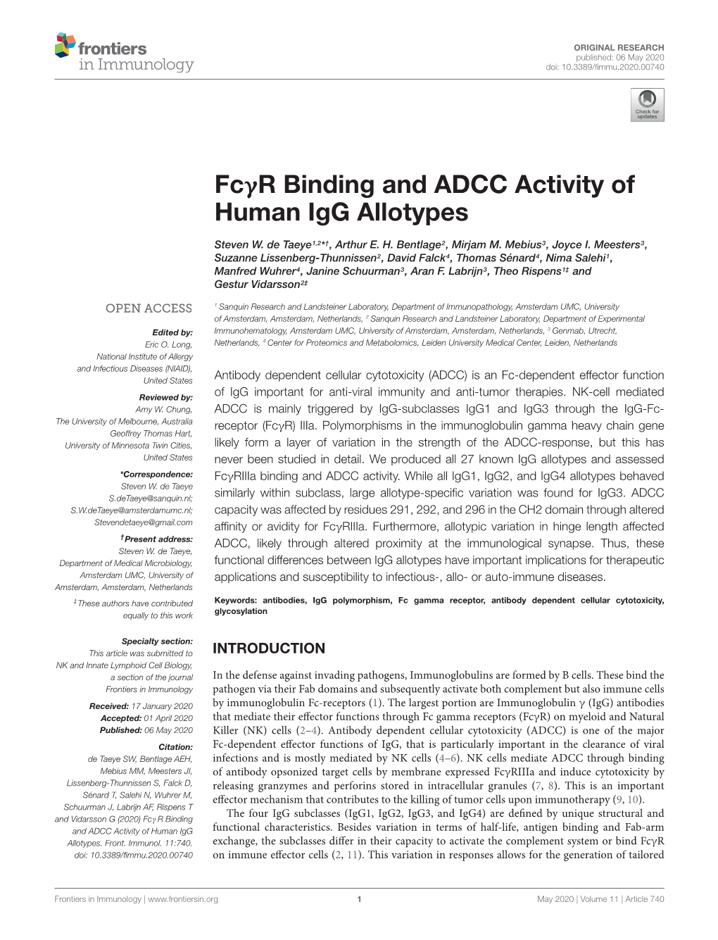 Fcγr Binding and ADCC Activity of Human Igg Allotypes