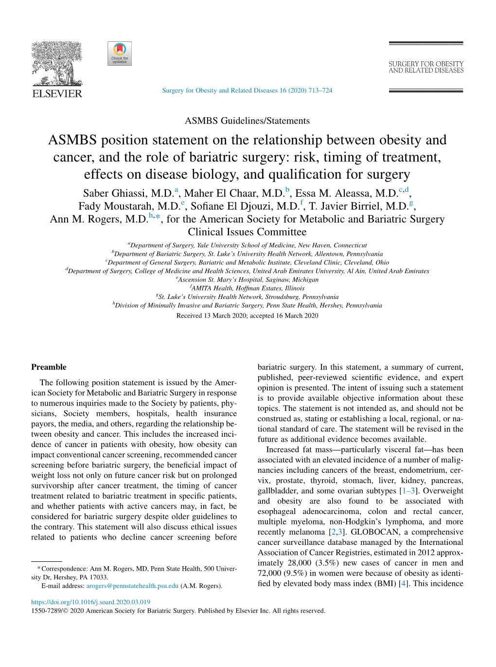 ASMBS Position Statement on the Relationship Between Obesity And