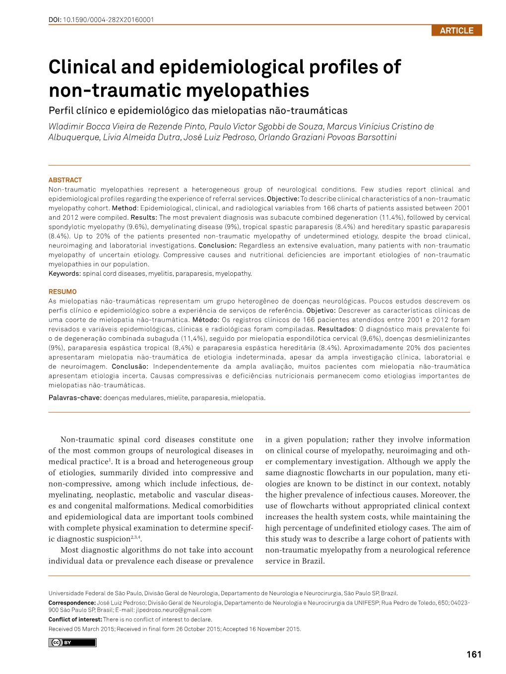 Clinical and Epidemiological Profiles of Non-Traumatic Myelopathies
