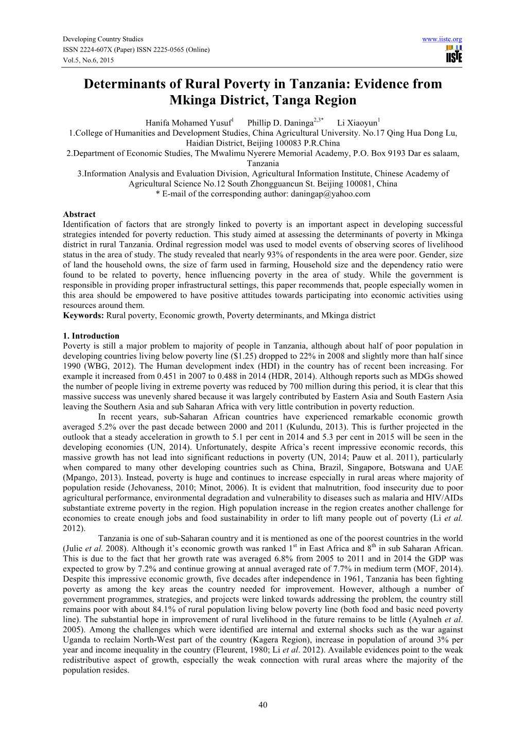 Determinants of Rural Poverty in Tanzania: Evidence from Mkinga District, Tanga Region