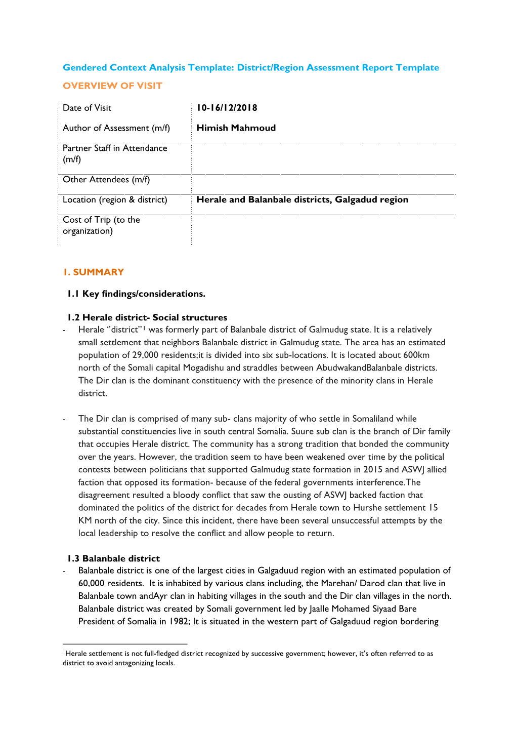 Gendered Context Analysis Template: District/Region Assessment Report Template OVERVIEW of VISIT