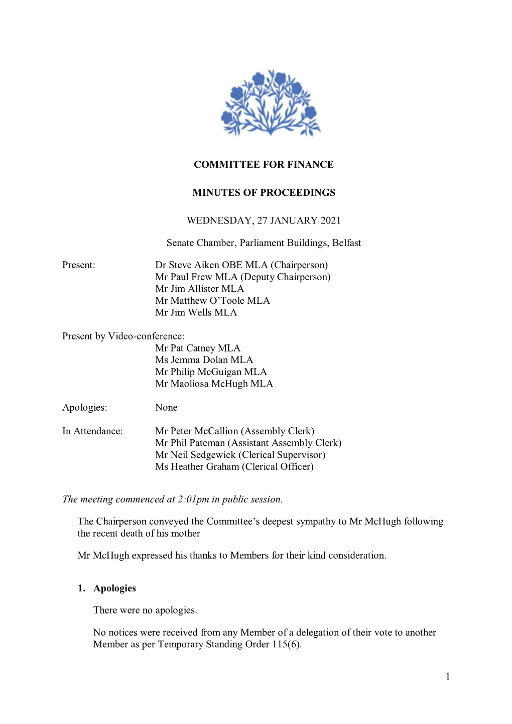 Committee for Finance Meeting Minutes of Proceedings 27 January