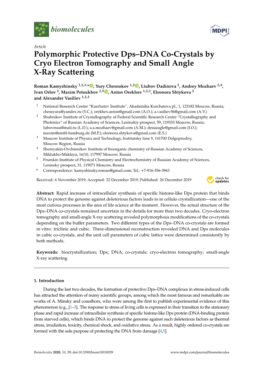 Polymorphic Protective Dps–DNA Co-Crystals by Cryo Electron Tomography and Small Angle X-Ray Scattering