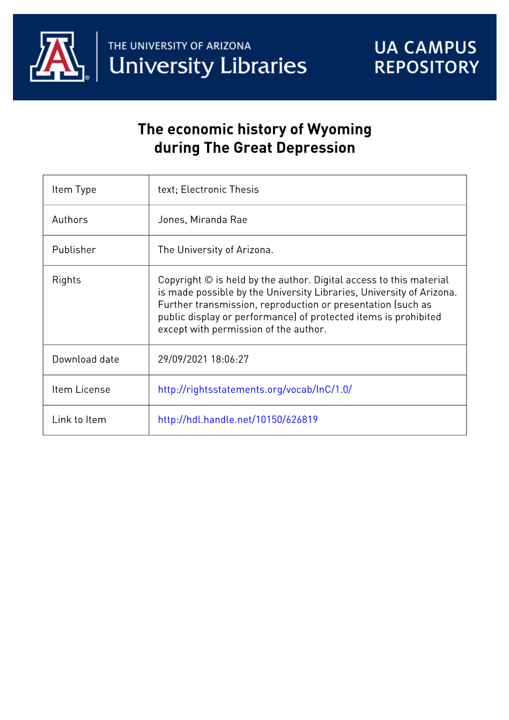 The Economic History of Wyoming During the Great Depression