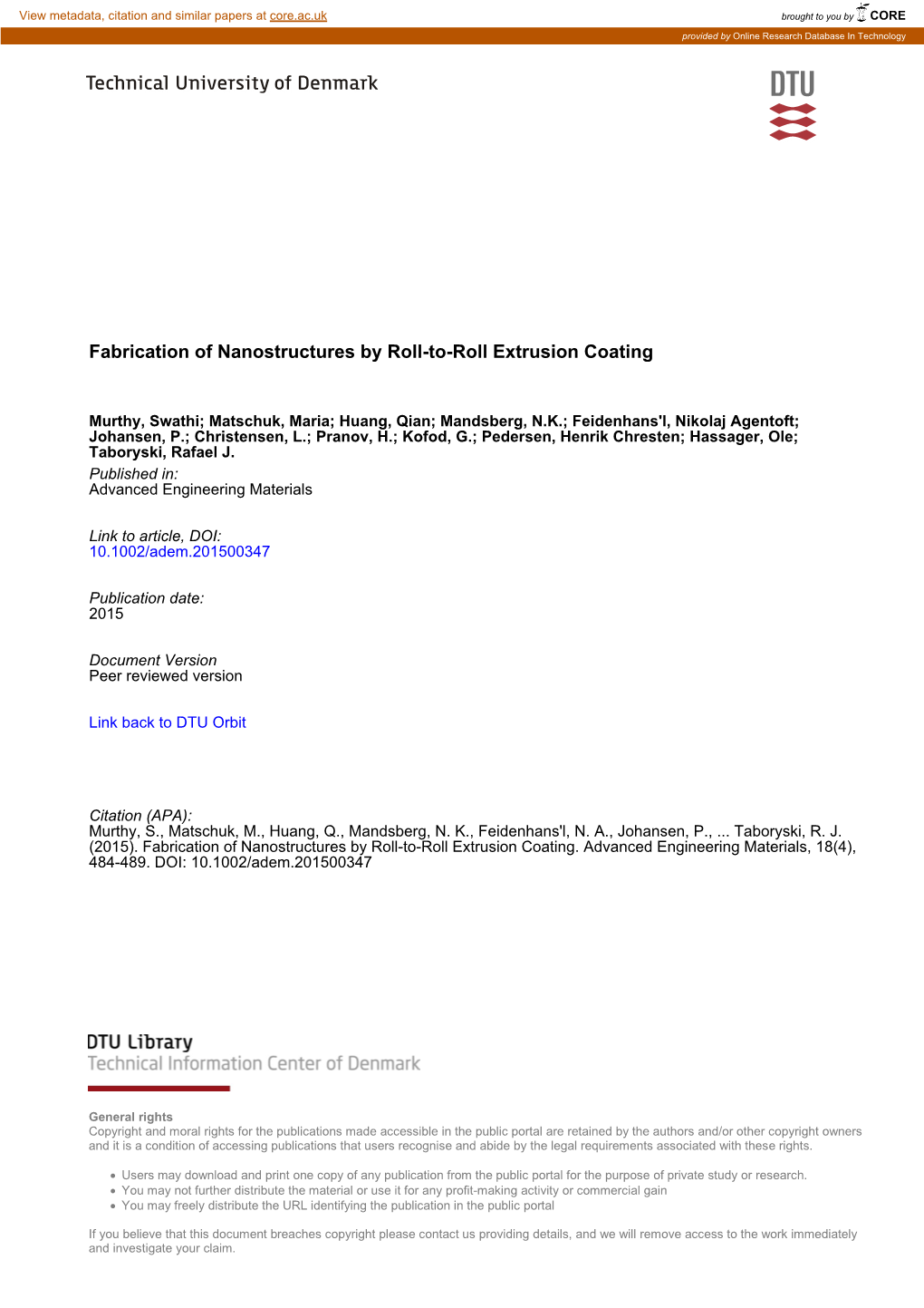 Fabrication of Nanostructures by Roll-To-Roll Extrusion Coating