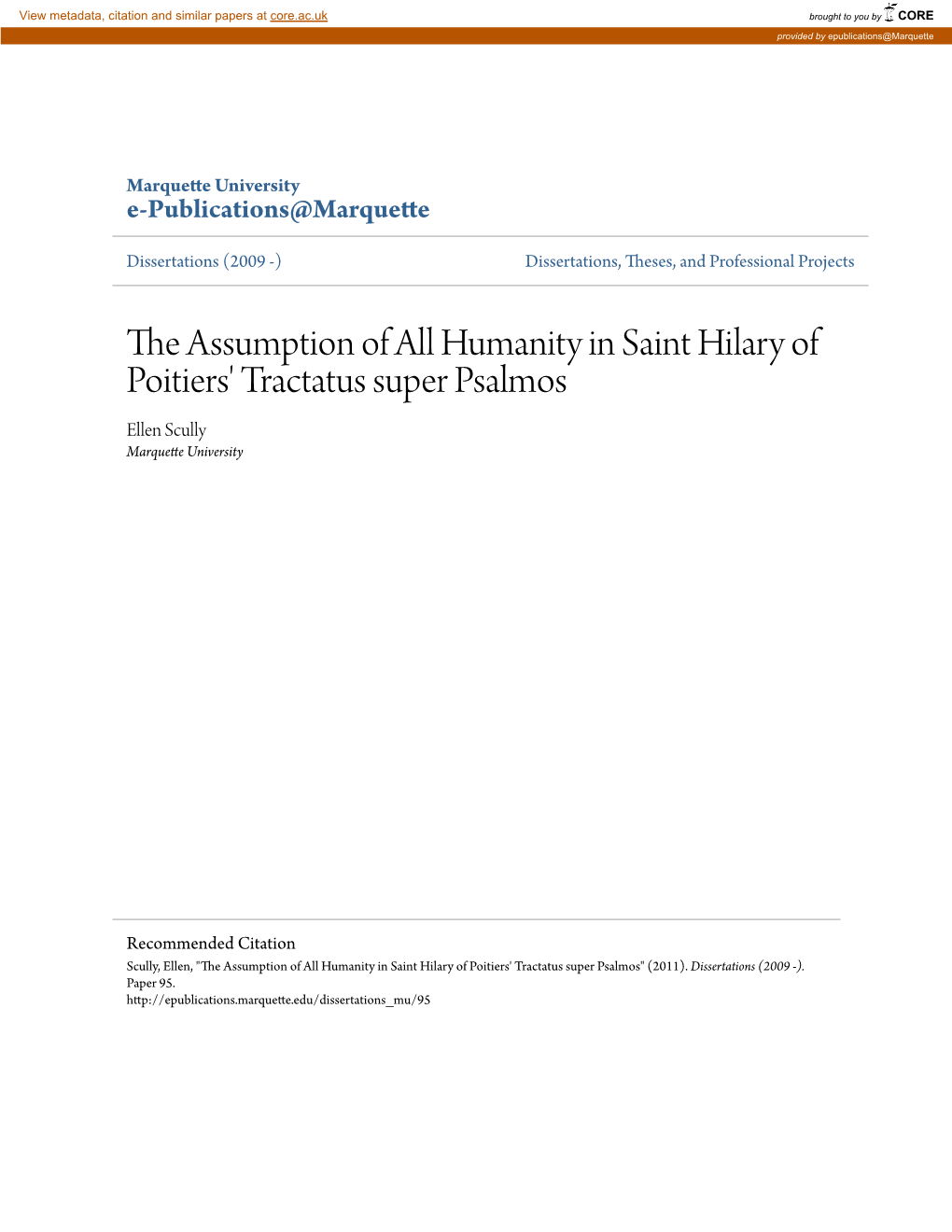 The Assumption of All Humanity in Saint Hilary of Poitiers' Tractatus Super Psalmos Ellen Scully Marquette University