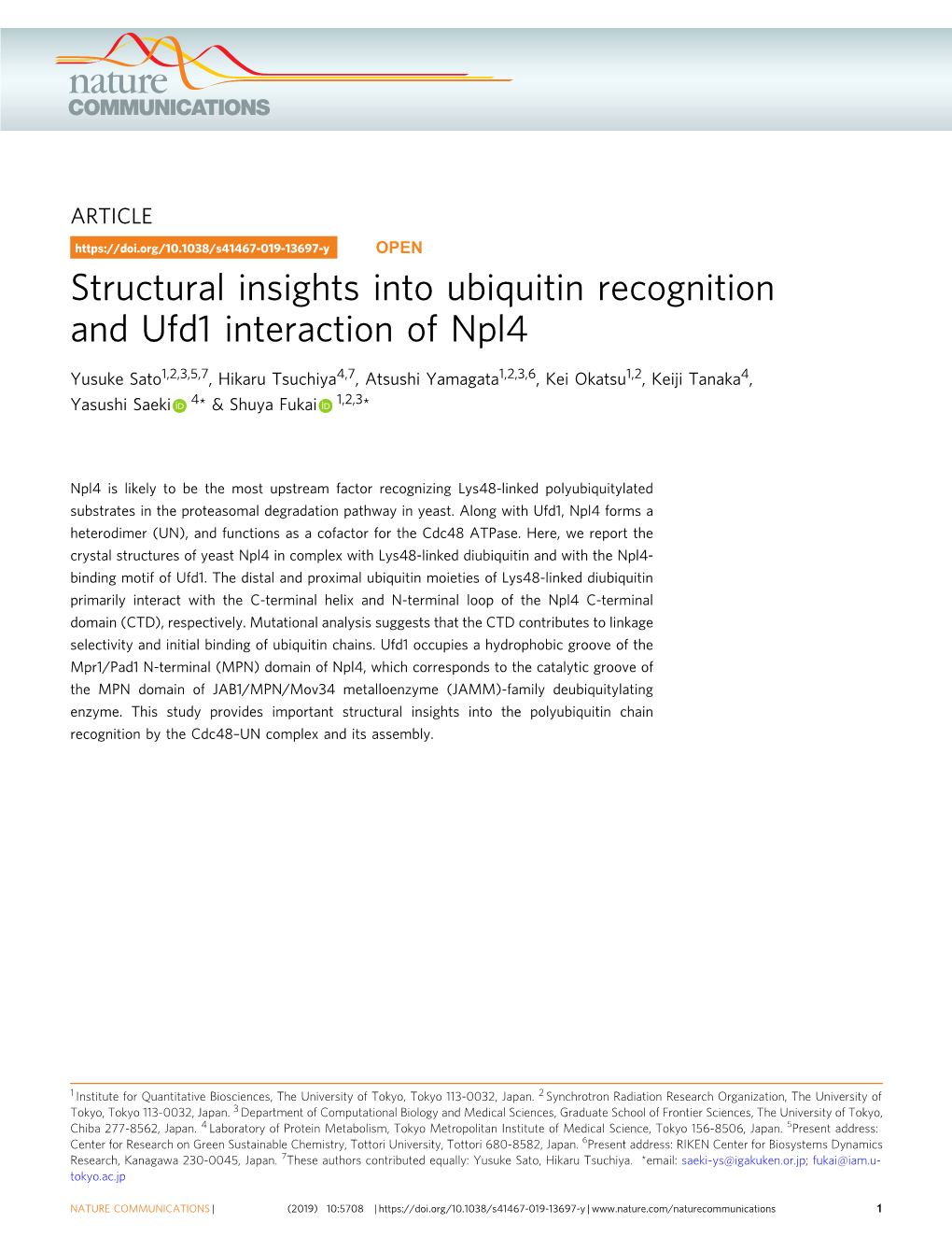 Structural Insights Into Ubiquitin Recognition and Ufd1 Interaction of Npl4