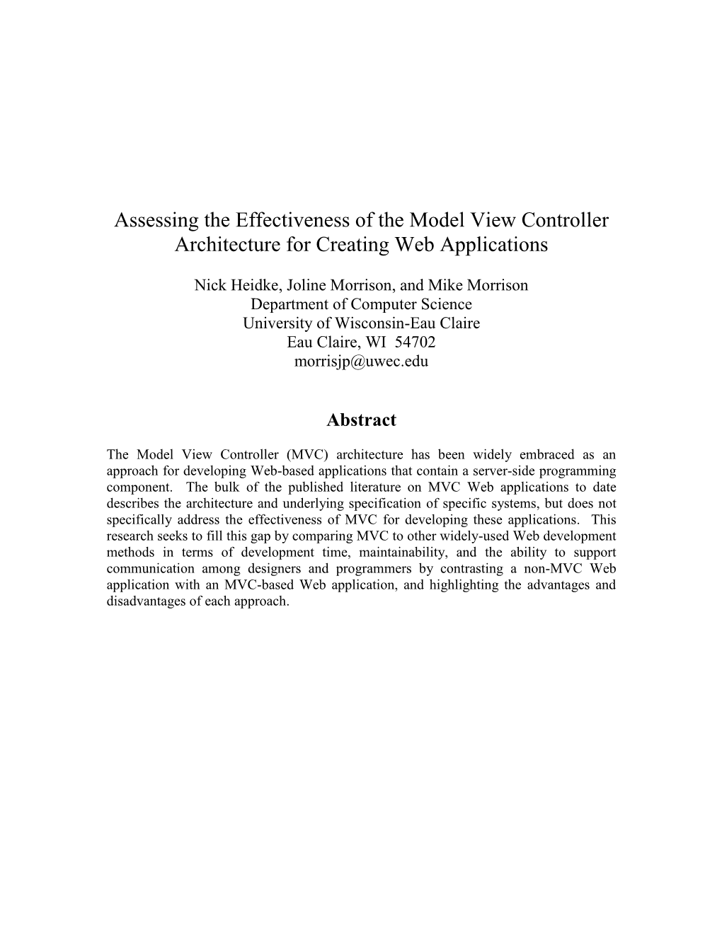 Assessing the Effectiveness of the Model View Controller Architecture for Creating Web Applications