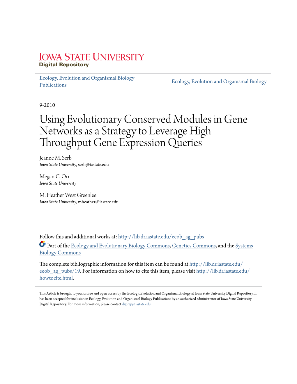 Using Evolutionary Conserved Modules in Gene Networks As a Strategy to Leverage High Throughput Gene Expression Queries Jeanne M