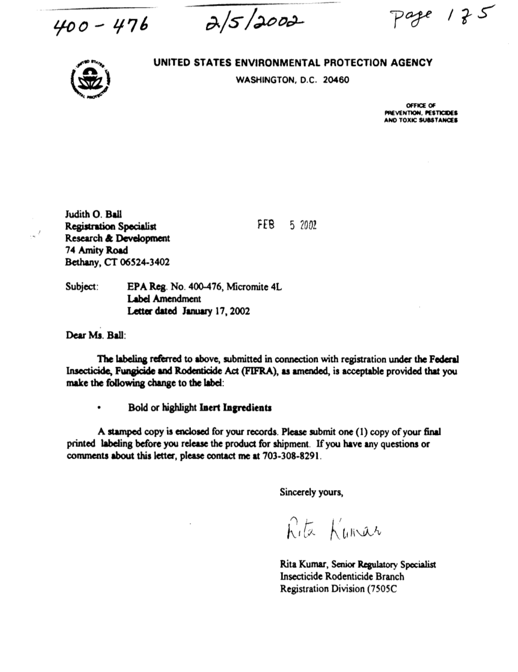U.S. EPA, Pesticide Product Label, MICROMITE 4L, 02/05/2002