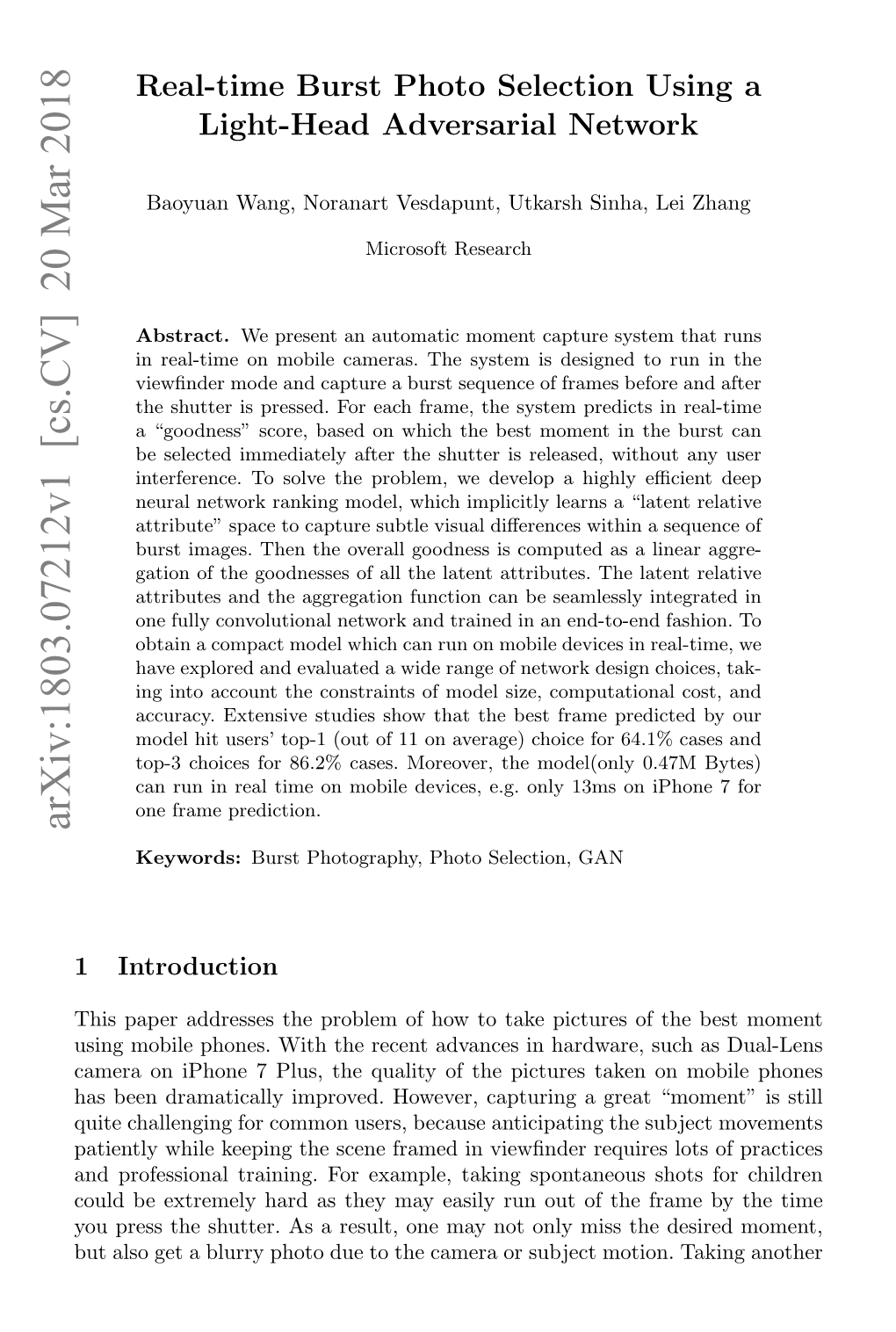 Real-Time Burst Photo Selection Using a Light-Head Adversarial Network