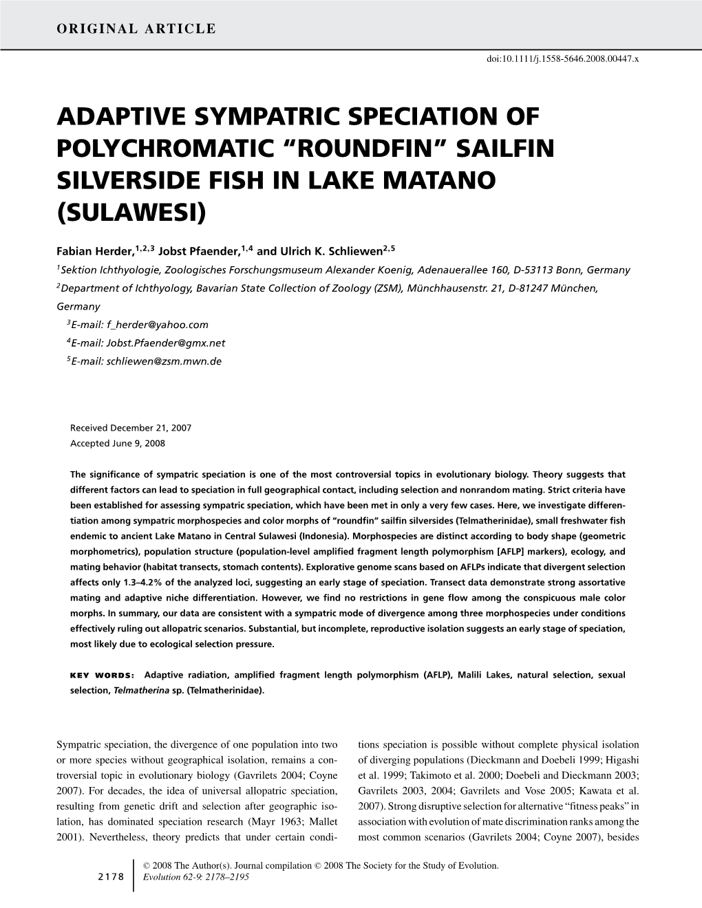 Adaptive Sympatric Speciation of Polychromatic “Roundfin” Sailfin Silverside Fish in Lake Matano (Sulawesi)