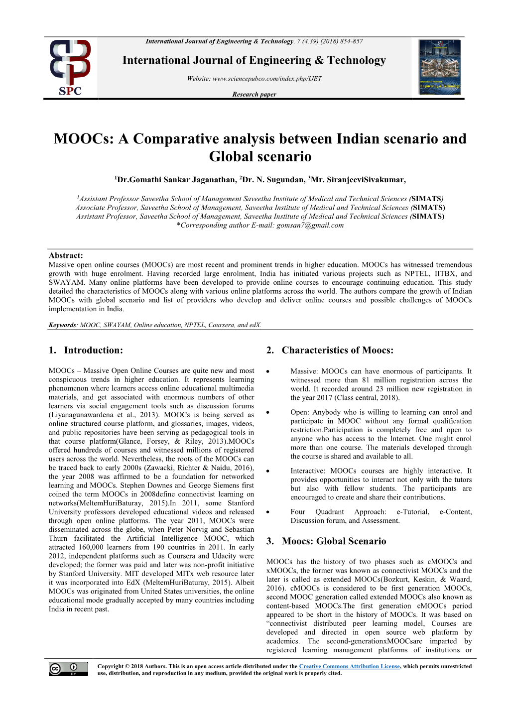 Moocs: a Comparative Analysis Between Indian Scenario and Global Scenario