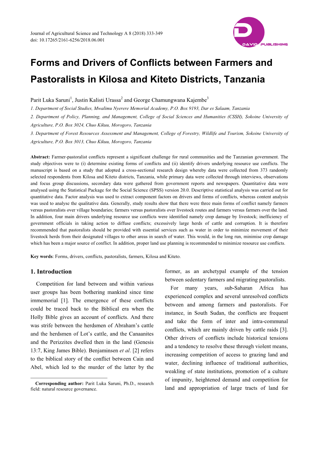 Forms and Drivers of Conflicts Between Farmers and Pastoralists in Kilosa and Kiteto Districts, Tanzania