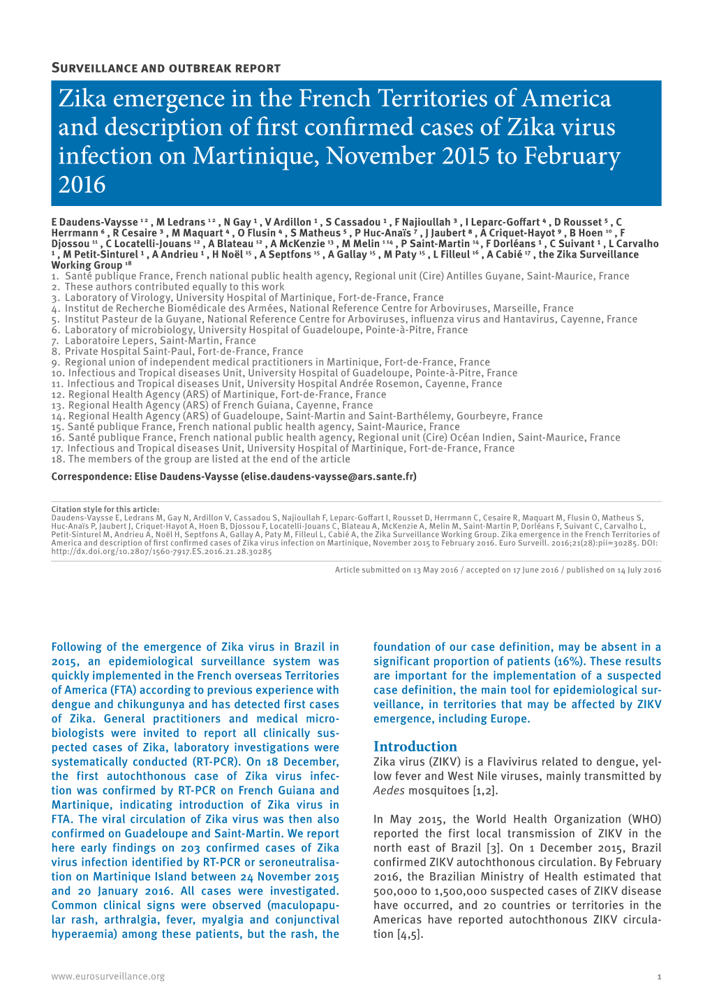 Zika Emergence in the French Territories of America and Description of First Confirmed Cases of Zika Virus Infection on Martinique, November 2015 to February 2016