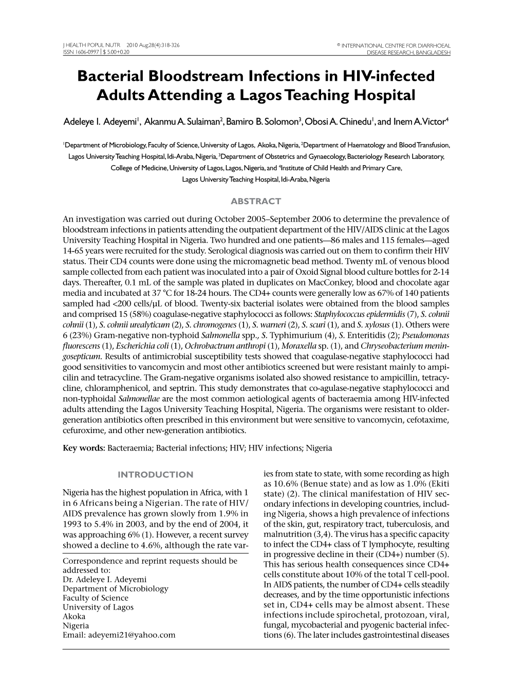 Bacterial Bloodstream Infections in HIV-Infected Adults Attending a Lagos Teaching Hospital