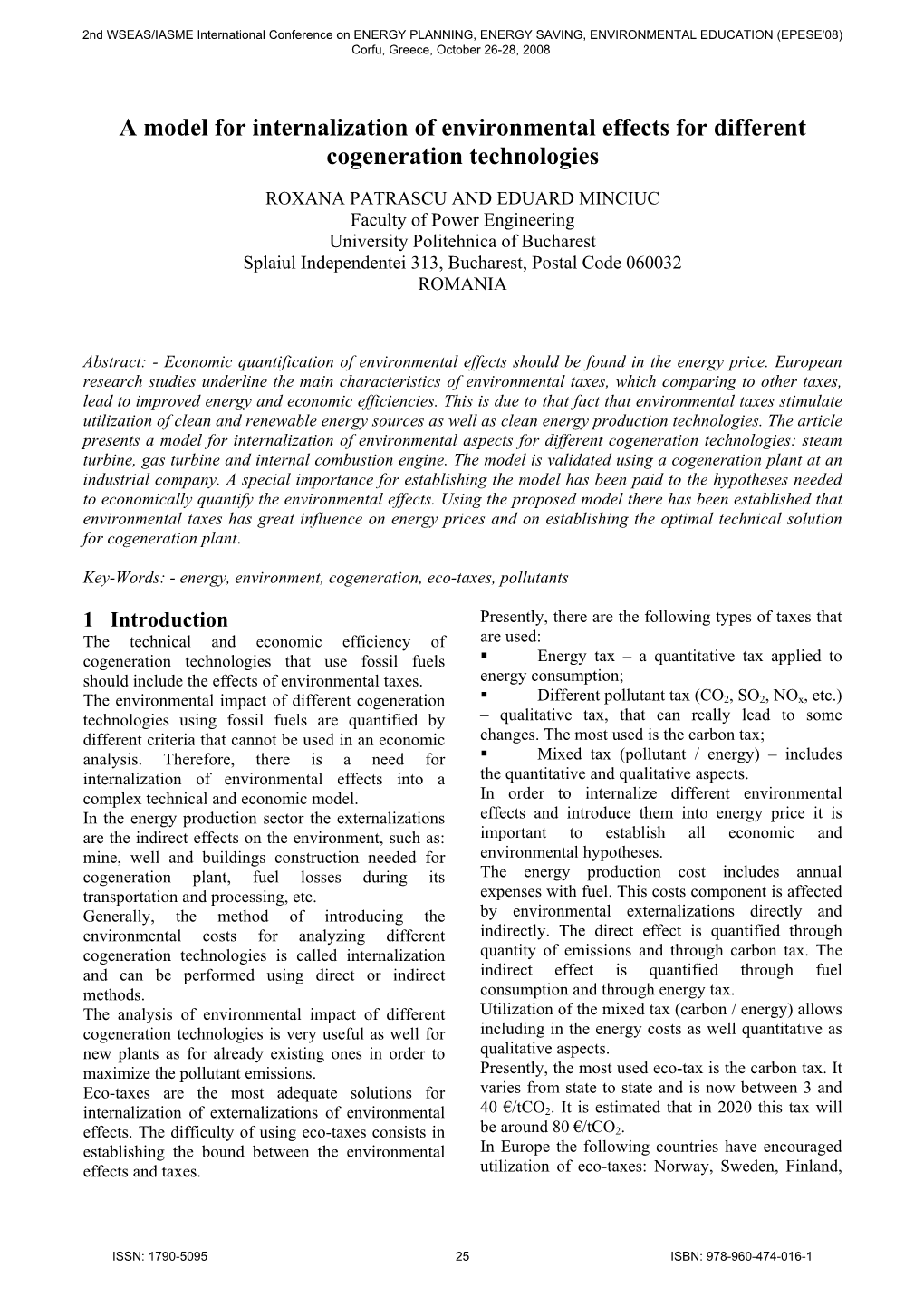 A Model for Internalization of Environmental Effects for Different Cogeneration Technologies