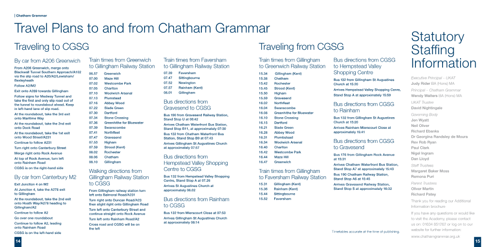 Statutory Staffing Information Travel Plans to and from Chatham Grammar
