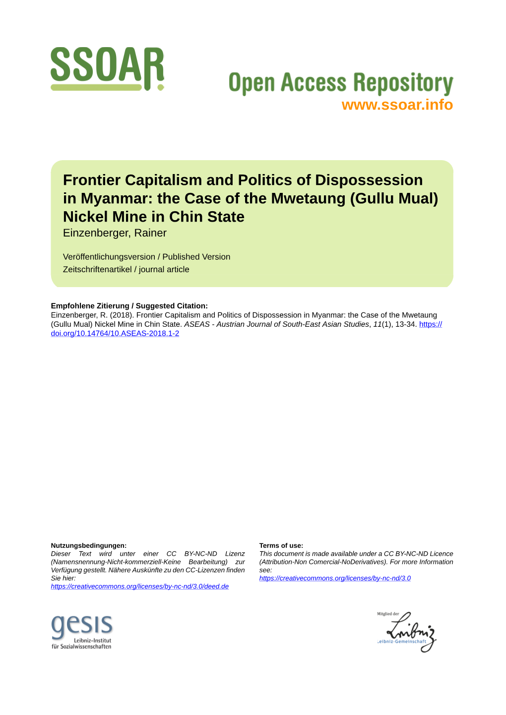 Frontier Capitalism and Politics of Dispossession in Myanmar: the Case of the Mwetaung (Gullu Mual) Nickel Mine in Chin State Einzenberger, Rainer