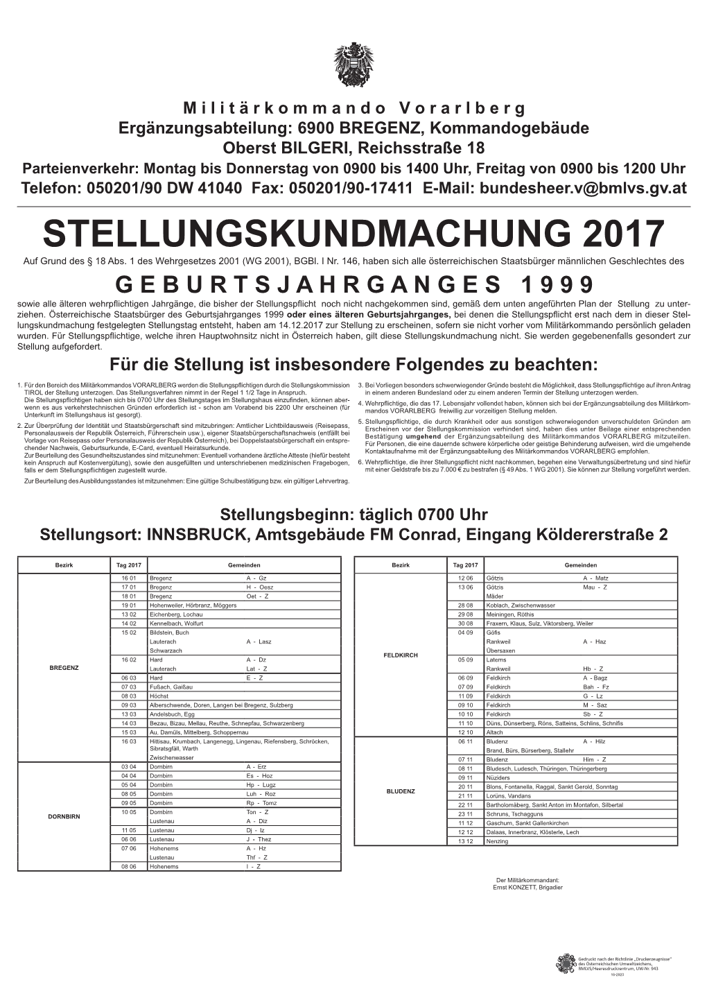 STELLUNGSKUNDMACHUNG 2017 Auf Grund Des § 18 Abs