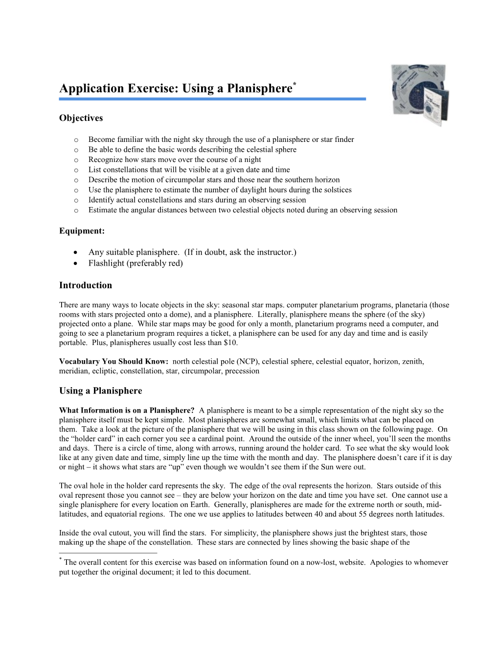 Application Exercise: Using a Planisphere *