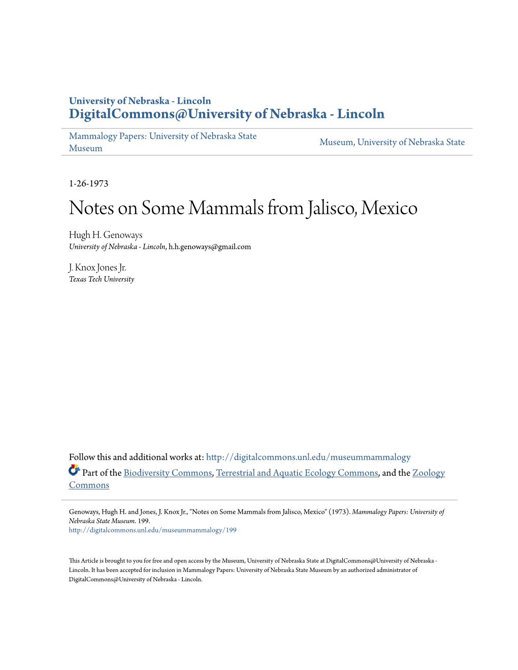 Notes on Some Mammals from Jalisco, Mexico Hugh H