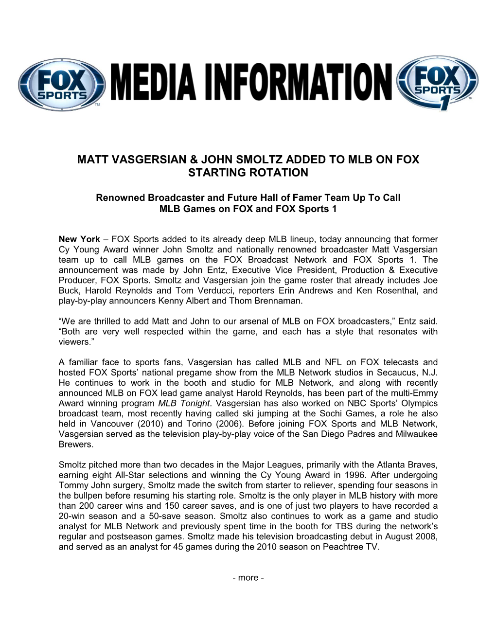 Matt Vasgersian & John Smoltz Added to MLB on FOX Starting Rotation