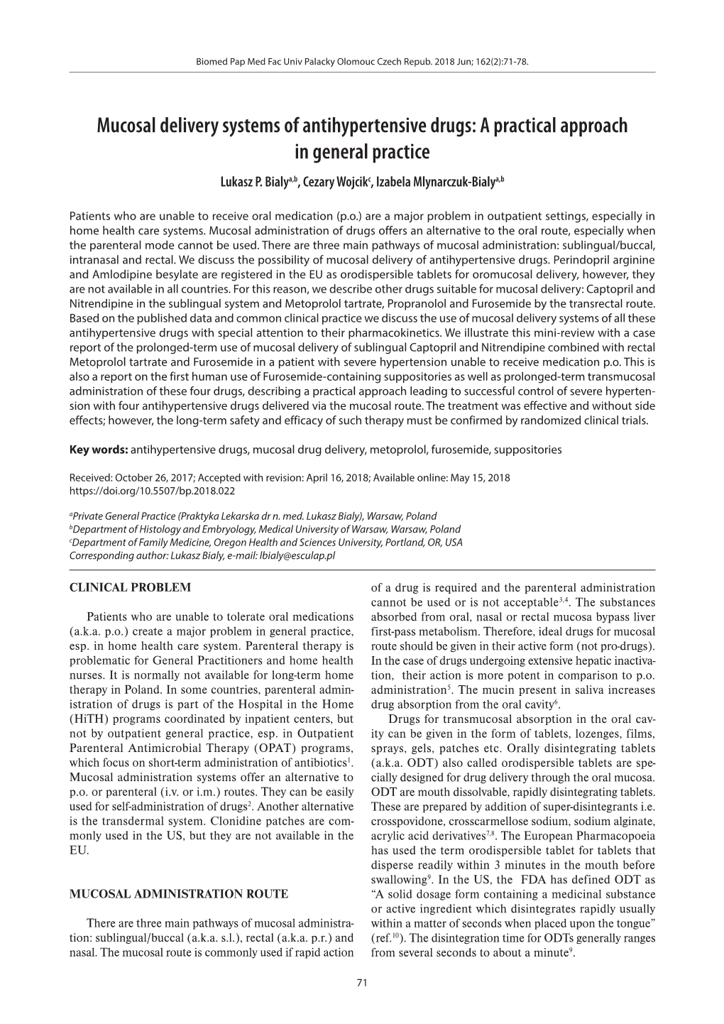 Mucosal Delivery Systems of Antihypertensive Drugs: a Practical Approach in General Practice Lukasz P