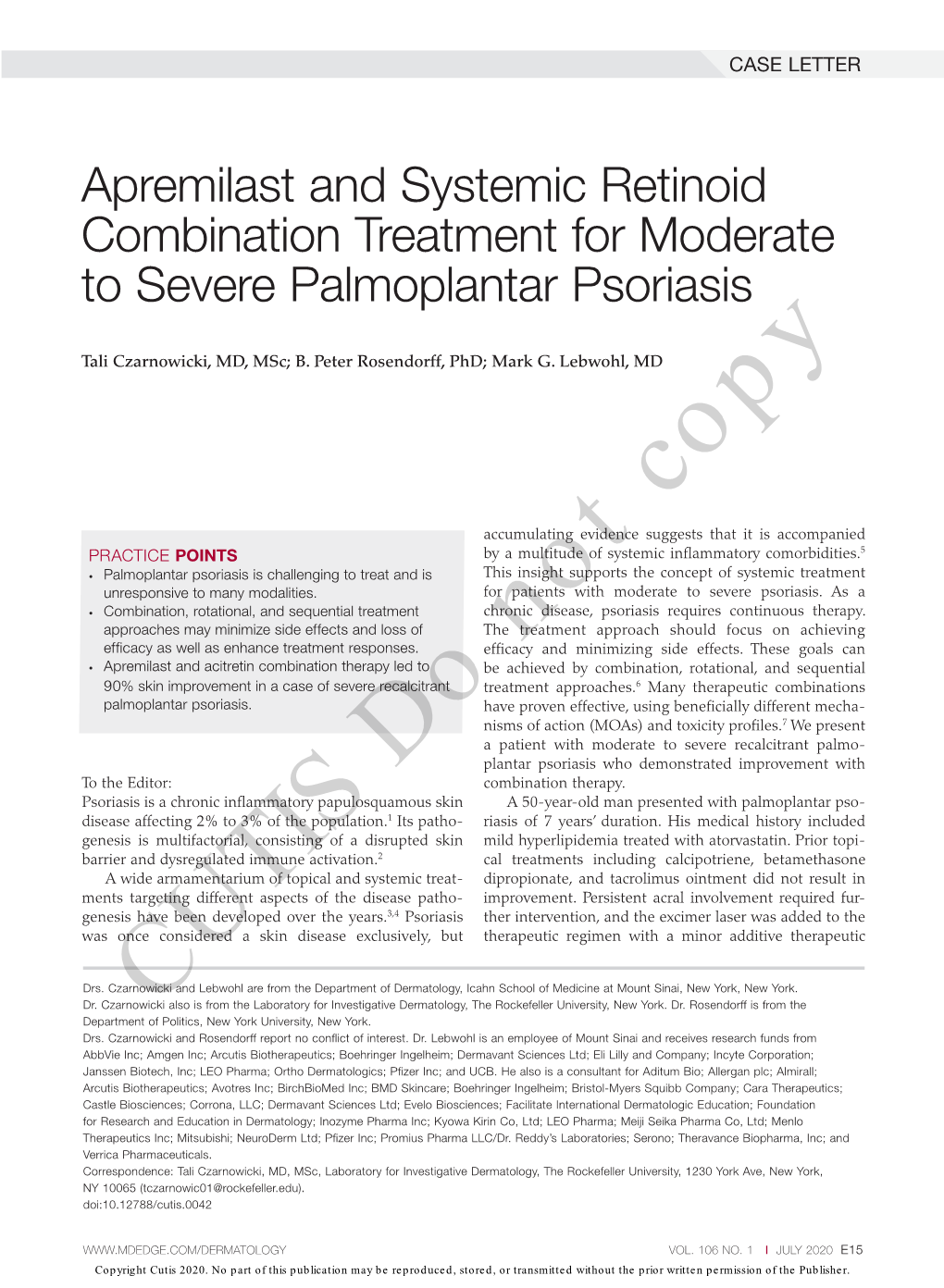 Apremilast and Systemic Retinoid Combination Treatment for Moderate to Severe Palmoplantar Psoriasis