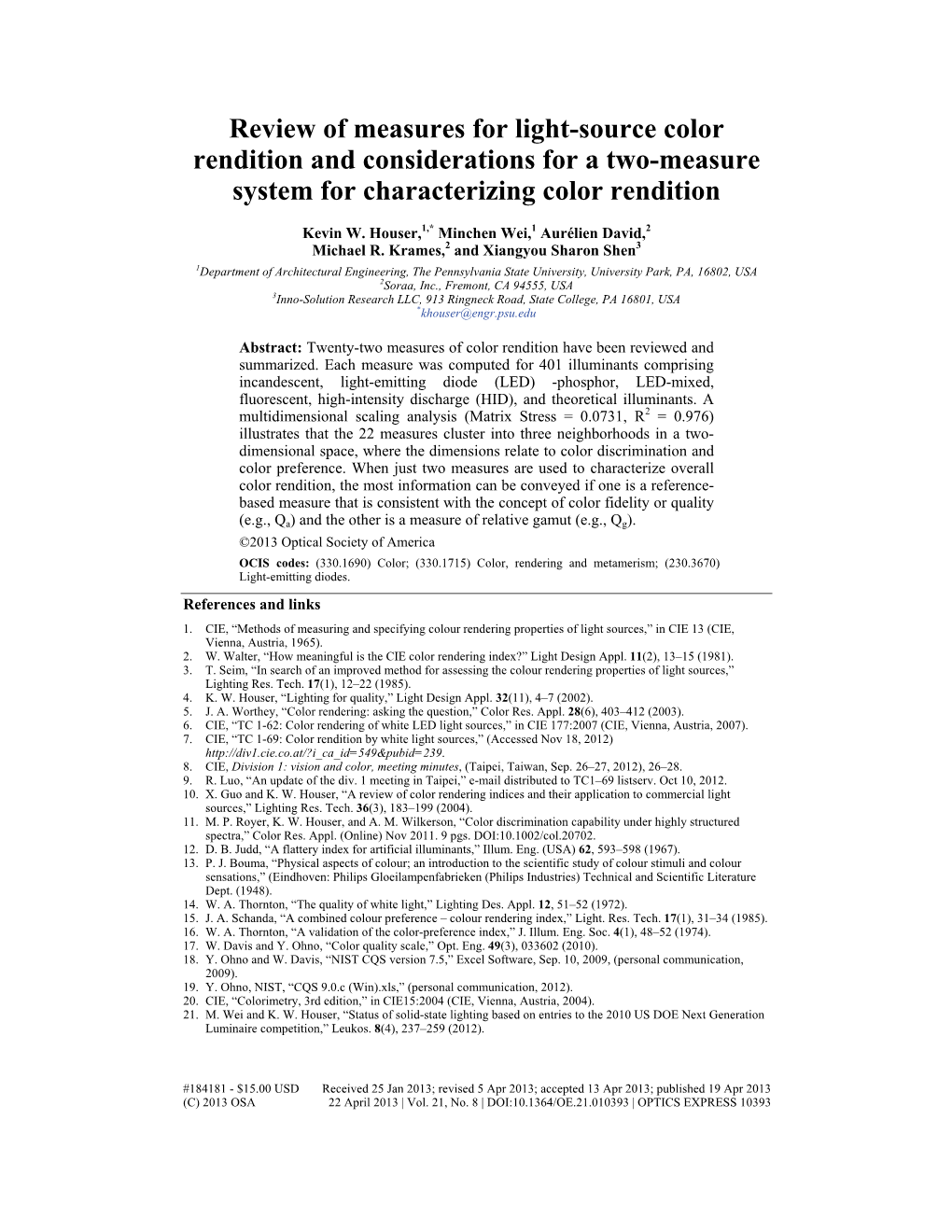 Review of Measures for Light-Source Color Rendition and Considerations for a Two-Measure System for Characterizing Color Rendition