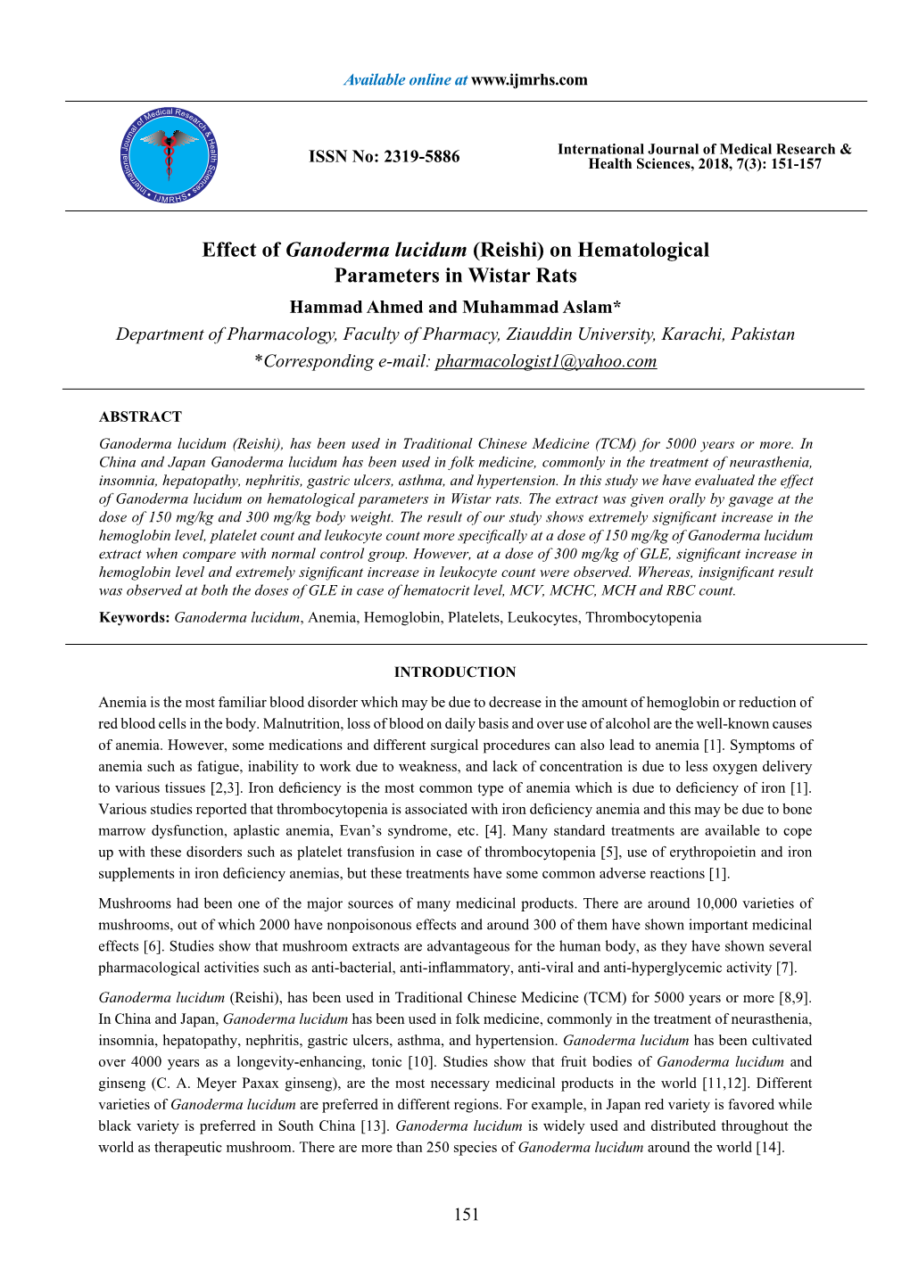 Effect of Ganoderma Lucidum (Reishi) on Hematological Parameters