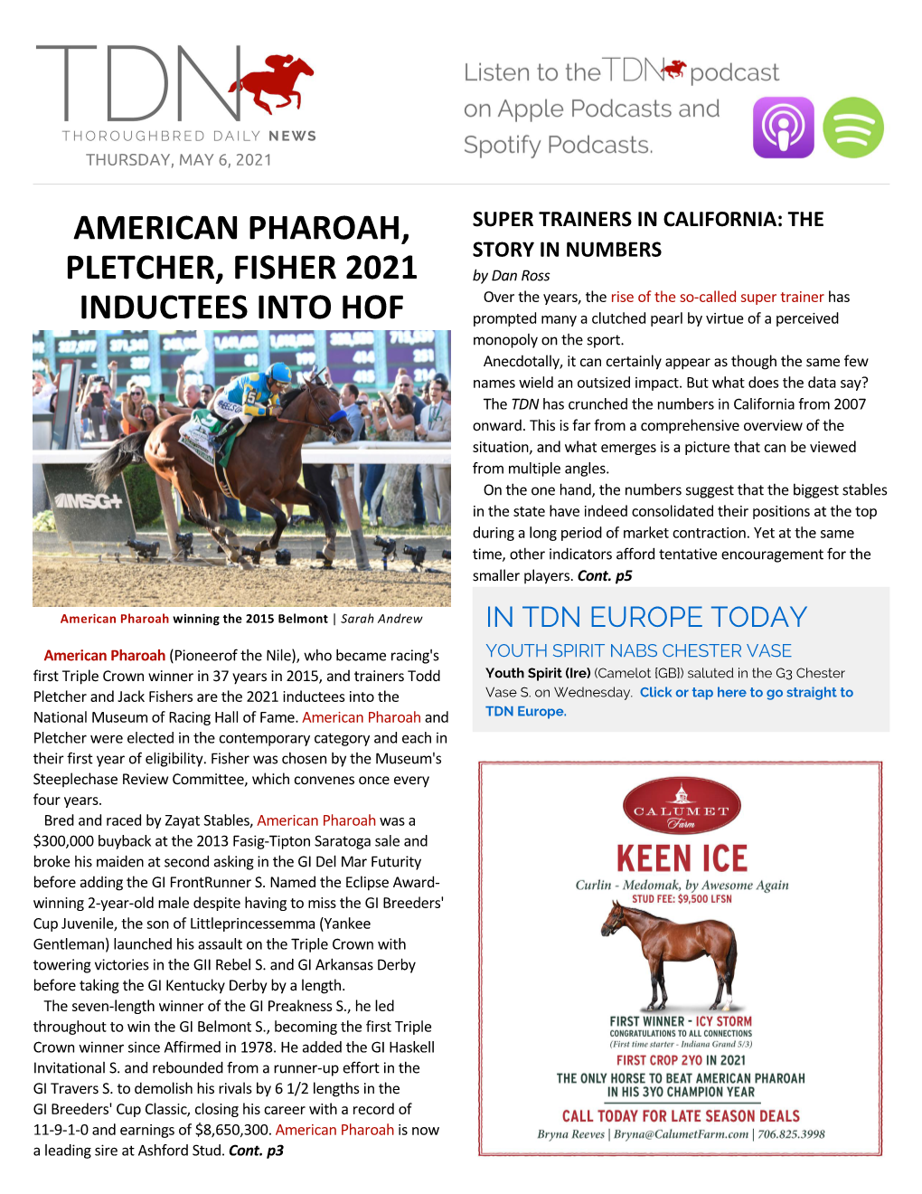 American Pharoah, Pletcher, Fisher 2021 Inductees Into