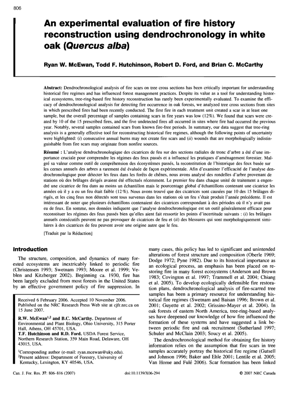 An Experimental Evaluation of Fire History Reconstruction Using Dendrochronology in White Oak (Quercus Alba)