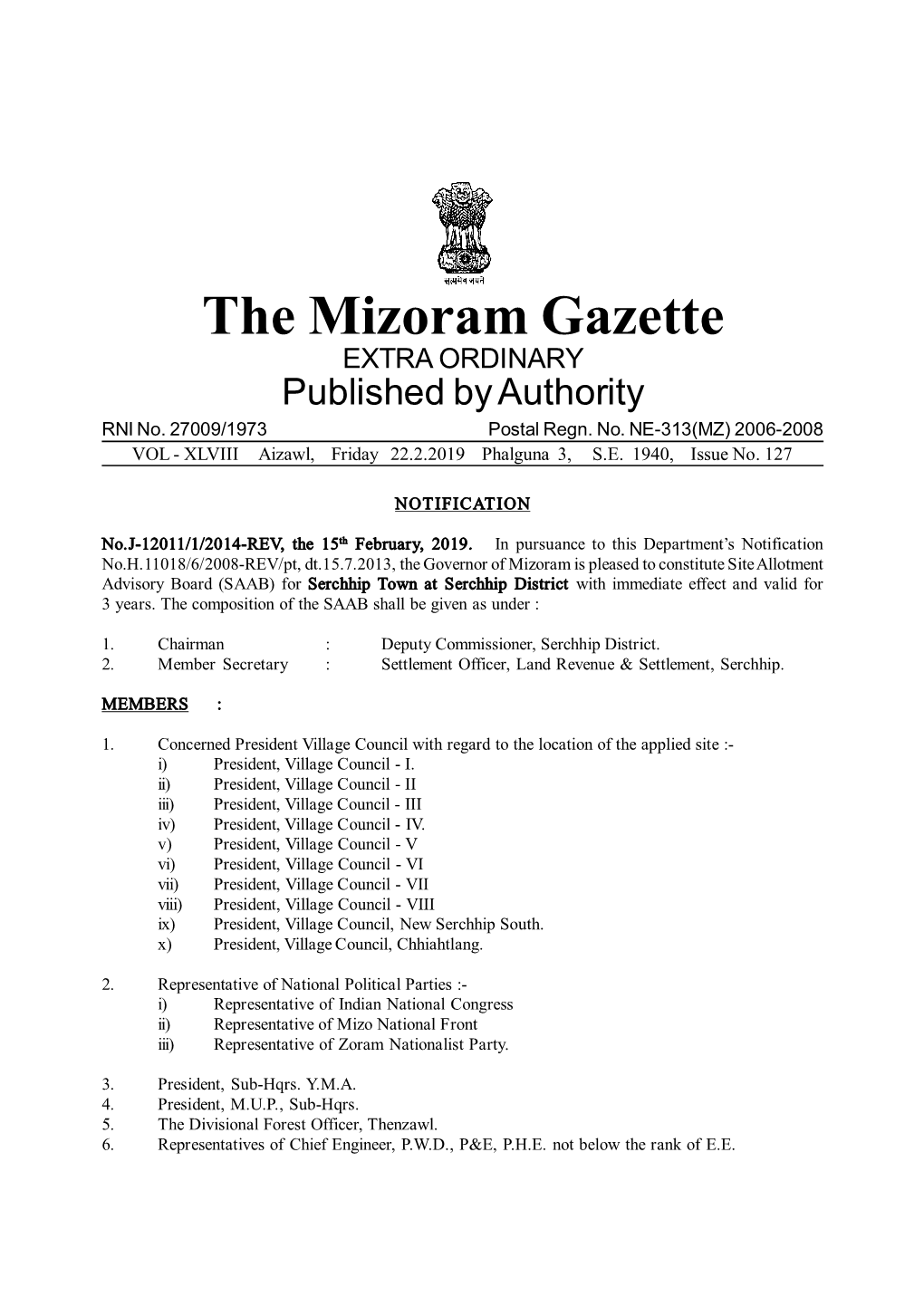 The Mizoram Gazette EXTRA ORDINARY Published by Authority RNI No