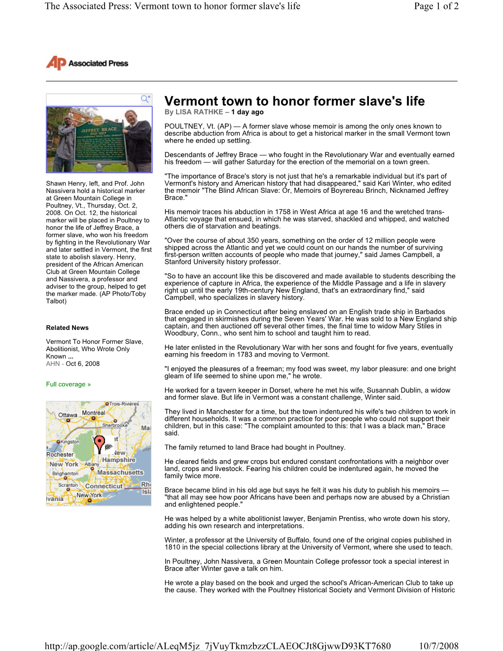Vermont Town to Honor Former Slave's Life Page 1 of 2