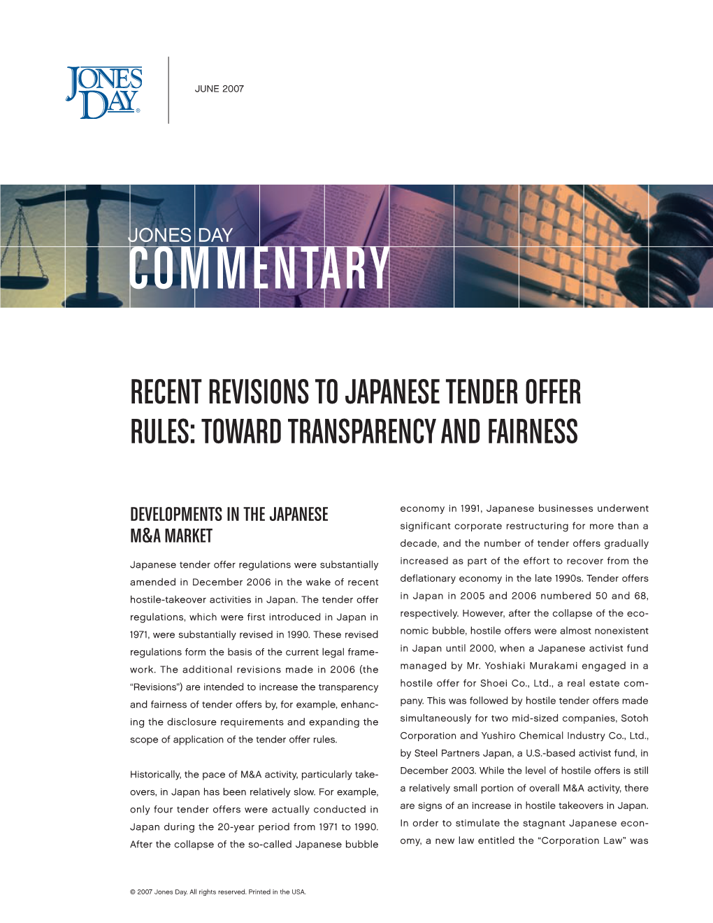 Recent Revisions to Japanese Tender Offer Rules: Toward Transparency and Fairness