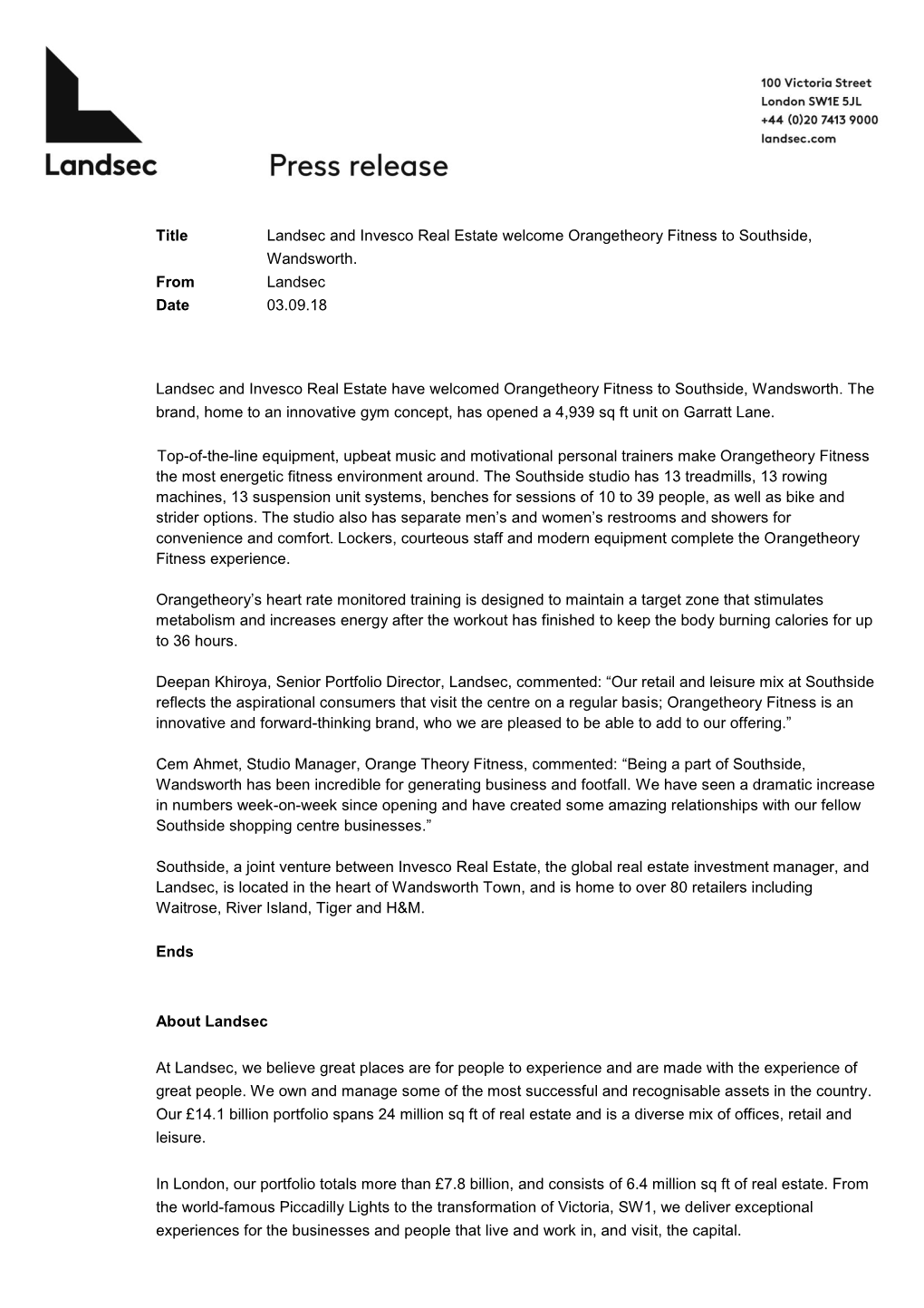 Title Landsec and Invesco Real Estate Welcome Orangetheory Fitness to Southside, Wandsworth. from Landsec Date 03.09.18 Landsec