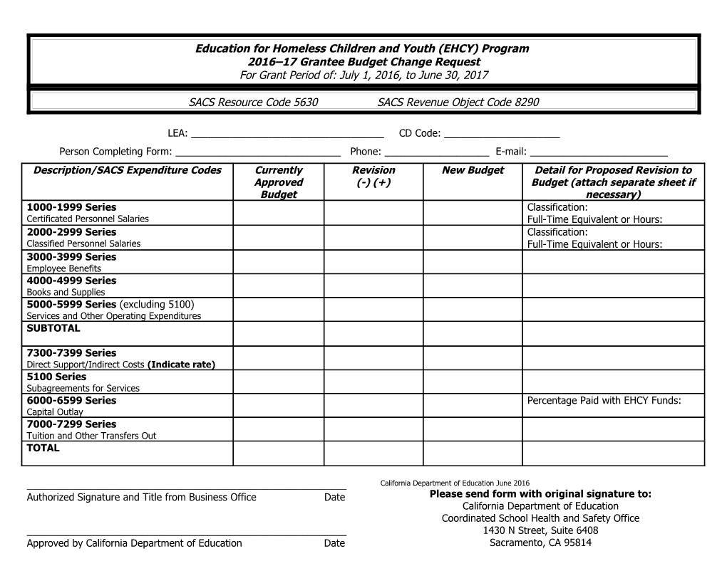 2016-17 Grantee Budget Change Request - Homeless Education (CA Dept of Education)