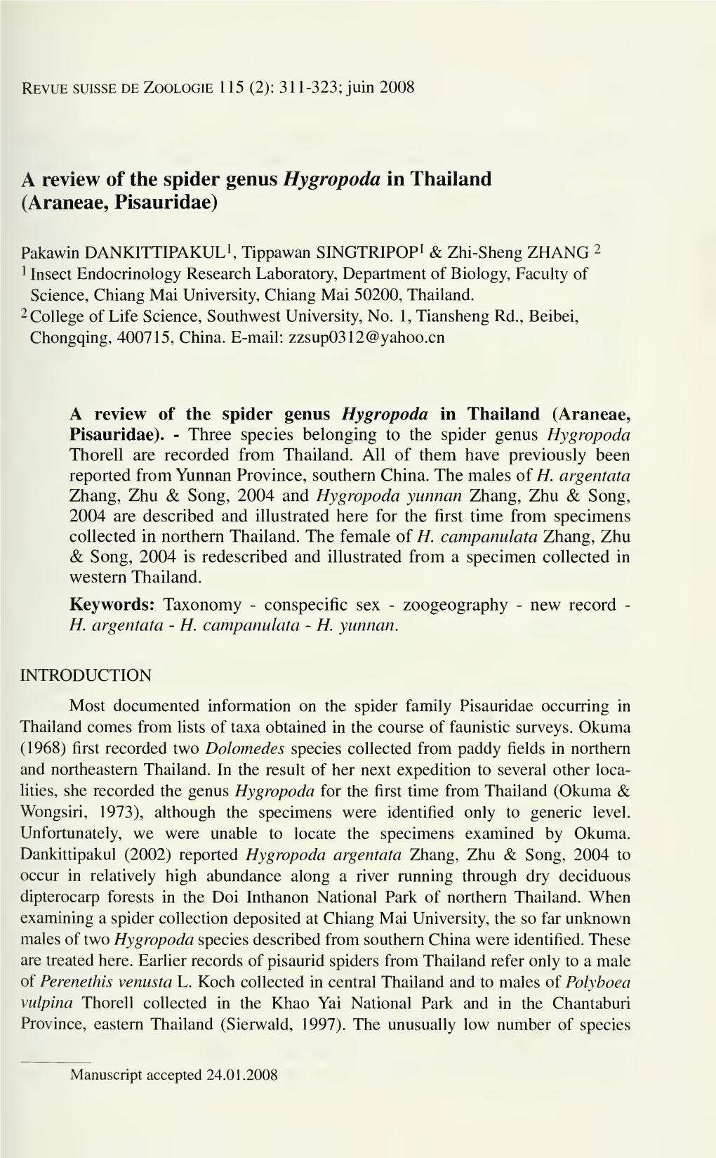 Revue Suisse De Zoologie 115 (2): 311-323; Juin 2008