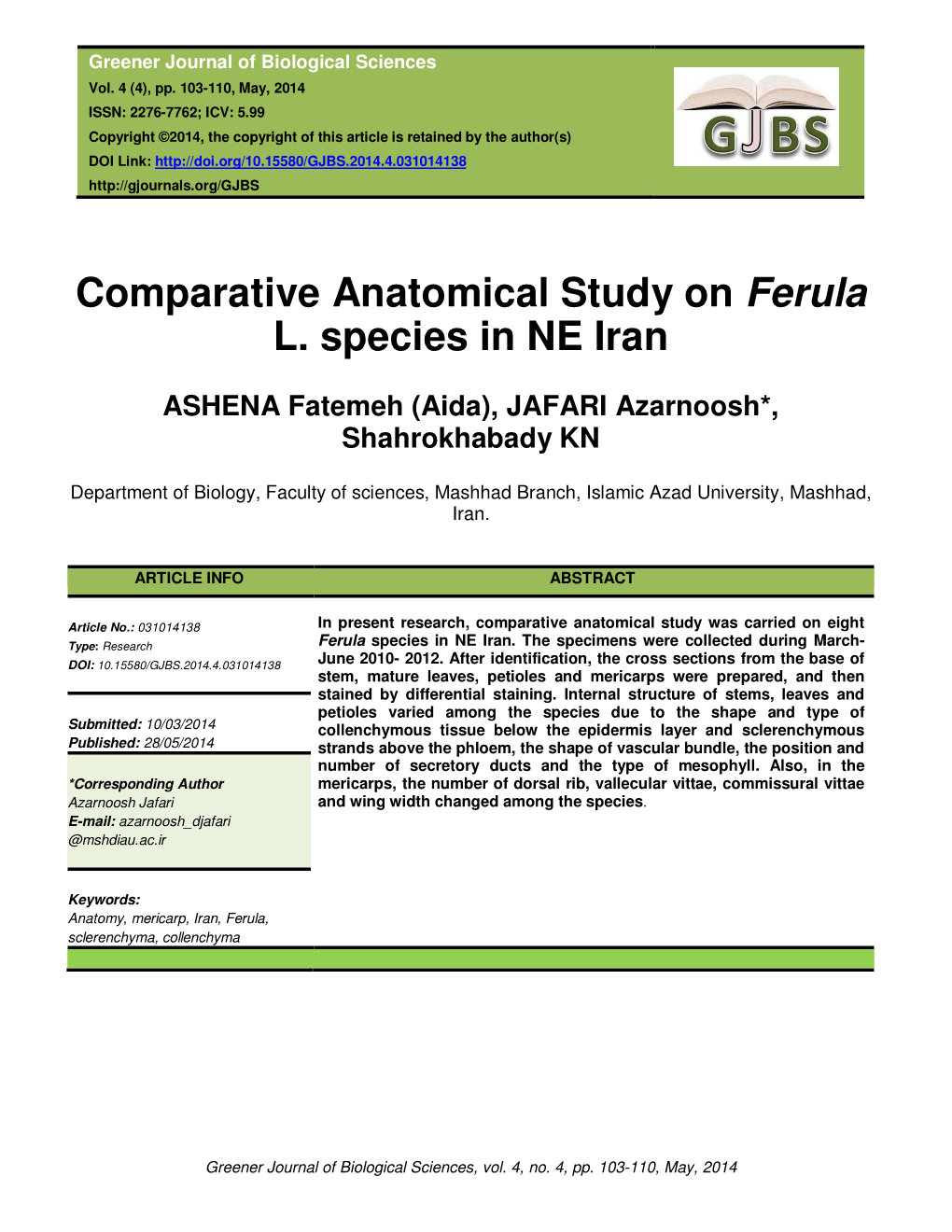Comparative Anatomical Study on Ferula L. Species in NE Iran