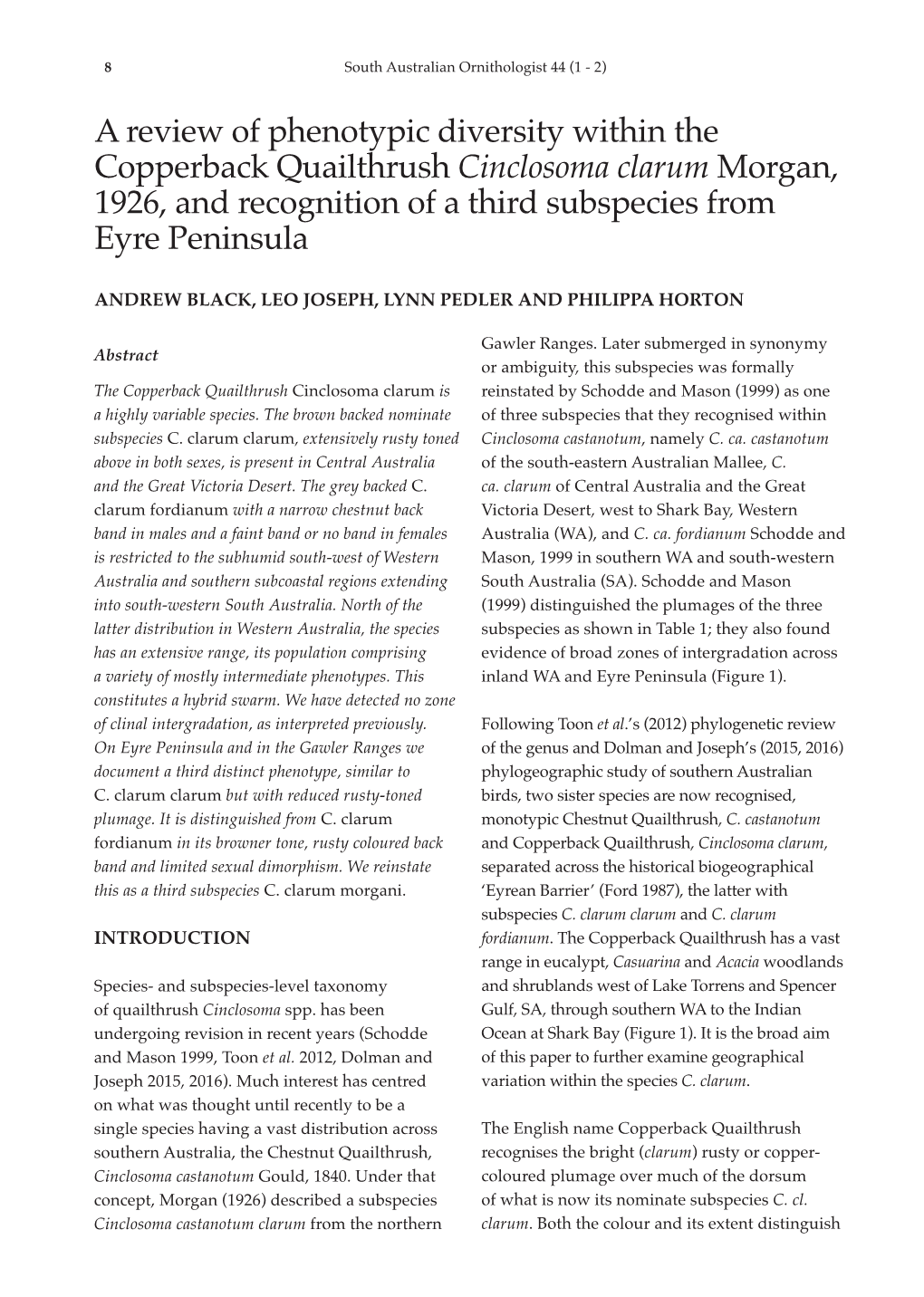 A Review of Phenotypic Diversity Within the Copperback Quailthrush Cinclosoma Clarum Morgan, 1926, and Recognition of a Third Subspecies from Eyre Peninsula