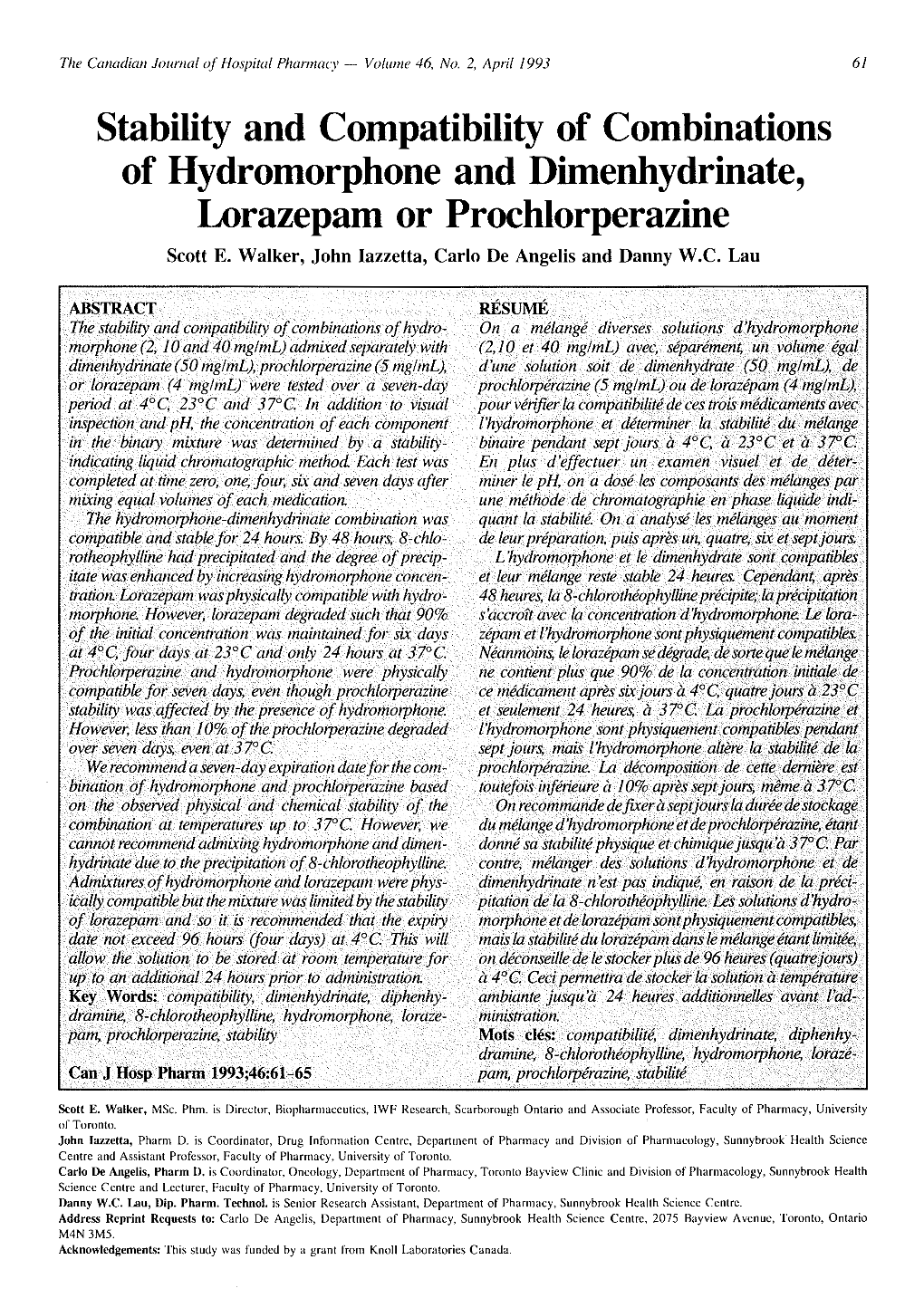 Stability and Compatibility of Combinations of Hydromorphone