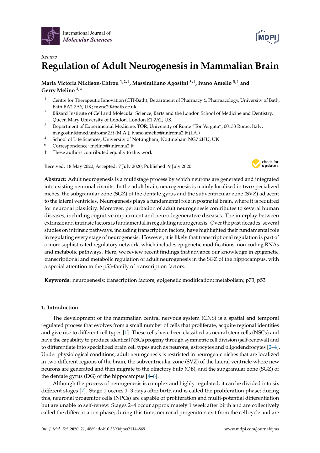 Regulation of Adult Neurogenesis in Mammalian Brain