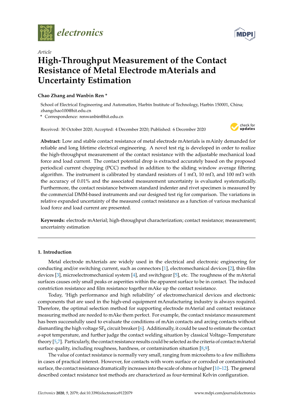 High-Throughput Measurement of the Contact Resistance of Metal Electrode Materials and Uncertainty Estimation